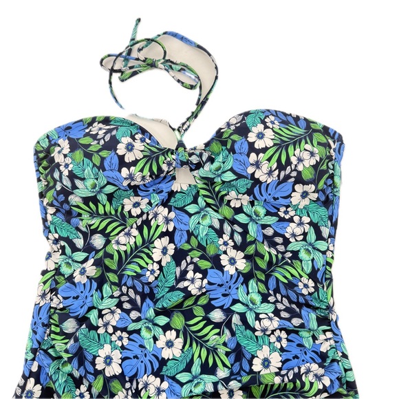 LOFT Swim Blue and Teal One-Piece Swimsuit Halter Tie Floral Design Size XL NEW! - Picture 2 of 13